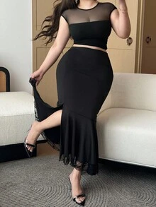 Flirla Plus Size Women Elegant Contrast Lace Slit Hem 2 In 1 Mermaid Hem Pencil Skirt - Black - View 3
