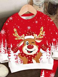 SHEIN Conjunto de 2 peças de moletom e leggings com estampa de rena e floco de neve em gradiente, estampa de árvore de Natal, gola redonda, manga comprida, casual para meninas, adequado para uso diário de outono/inverno, festa de Natal, estilo de rua, casa - Multicolorido - Ver 4