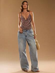 SHEIN BAE 女士性感亮片细肩带吊带背心，夏季 - 咖啡棕 - 查看 4