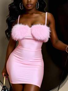 Slaydiva 女士性感拼布仿皮草紧身吊带裙 - 粉色 - 查看 1