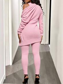 VaVaBold 純色短款針織上衣和前面打結開衫和針織褲 - 粉色 - 查看 2