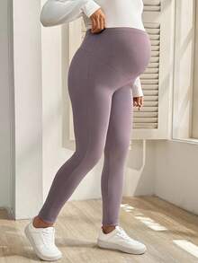 SHEIN Maternity Solid Color Adjustable Waist Casual Leggings Purple Winter Warm - Multicolor - View 4
