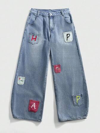 Street Life Jeans a gamba ampia con toppe a lettera, essenziale di moda retrò