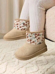 Cozy Pixies 1 Pair Girls' Floral Fashion Urban Easy On/Off Insulated Warm Snow Boots, Suitable For Cabin Wear, Daily Commute, Sports In Winter (Pattern Random) - Khaki - View 2