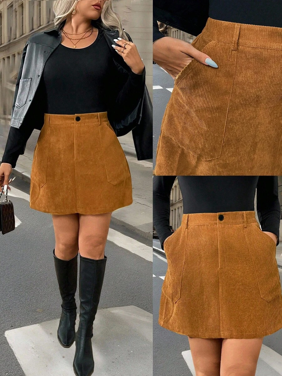 Easura Plus Size Corduroy A-Line Zipper Pocket Decorated Midi Skirt