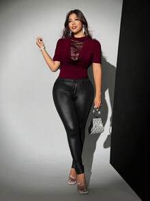 Viva Relle Valentine Women's Elegant V-Neck Lace-Trimmed Halter Neck Design, Red Plus Size Short-Sleeved Top, Perfect For Parties, Christmas, And New Year's. - Burgundy - View 4