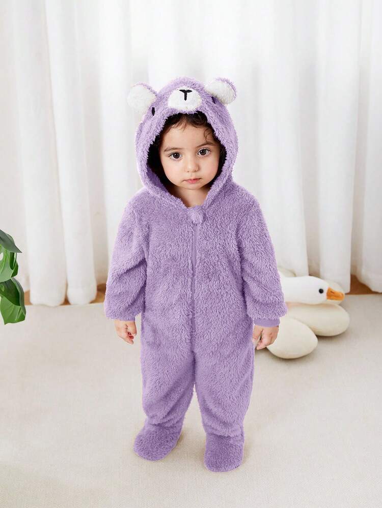 Newborn Baby Unisex Plush Bear Ear Animal Hooded Zipper Footed Jumpsuit - Purple - View 3