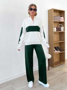 Women Half Zip Black Stripes Detailed Sweater And Sweater Pant 2 Pieces Set Co-Ords - Dark Green - View 4