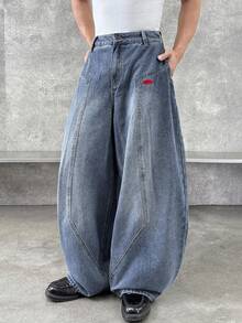 ESTAVOR Men's Casual Washed Embroidered Detail Curved Hem Jeans - Blue - View 2