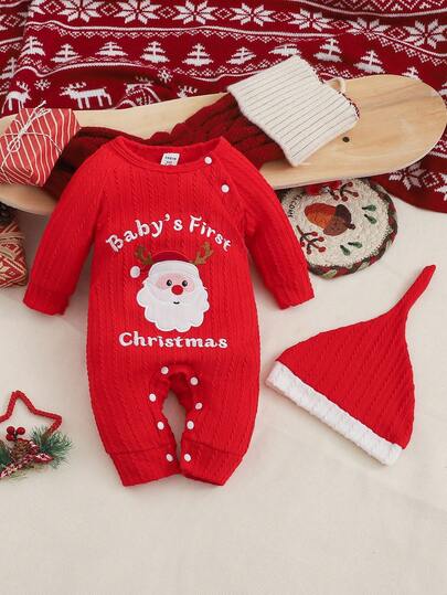 Playful Pals Baby Girl Christmas Santa Claus Pattern Knit Jumpsuit With Hat, Autumn/Winter