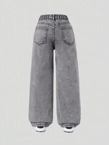 SHEIN Tween Girl Y2K Street Daily Elastic Waist  Straight Jeans With Flat Pockets, Girls Daily OOTD Outfits Summer Holiday - Grey - View 2