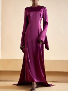 Zivah 2025 秋季新款音乐节、复活节、圣帕特里克节、西部风、游牧风、生日派对、毕业典礼、学院风、学生装、日常休闲、百搭百搭、休闲、度假、邮轮旅行、海滩、日光浴、网络热播、街头服饰、婚礼宾客波西米亚风、通勤、早午餐、机场、派对、节日郊游、优雅盛典长袖喇叭袖开衩超长连衣裙、缎面闪亮面料、紫色连衣裙 - 紫色 - 查看 1