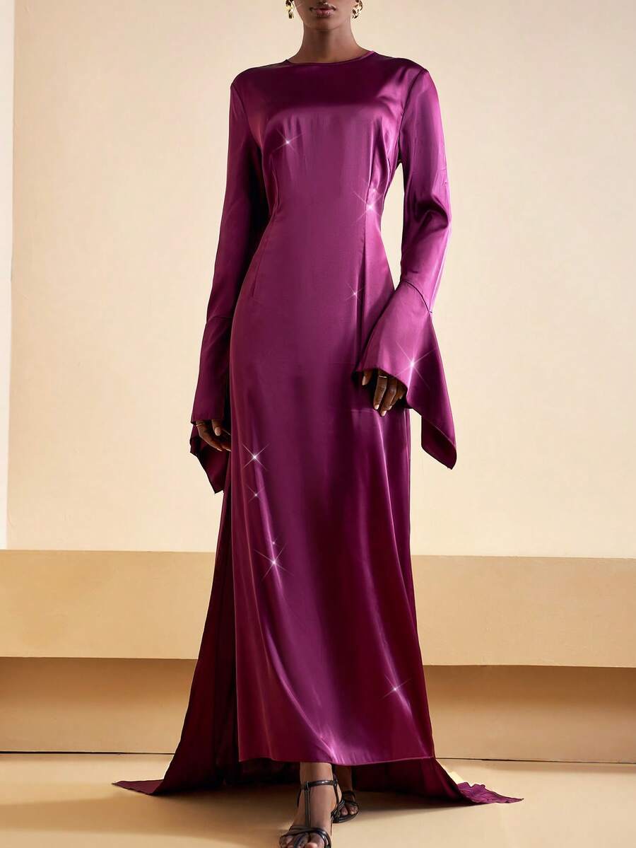 Zivah 2025 秋季新款音乐节、复活节、圣帕特里克节、西部风、游牧风、生日派对、毕业典礼、学院风、学生装、日常休闲、百搭百搭、休闲、度假、邮轮旅行、海滩、日光浴、网络热播、街头服饰、婚礼宾客波西米亚风、通勤、早午餐、机场、派对、节日郊游、优雅盛典长袖喇叭袖开衩超长连衣裙、缎面闪亮面料、紫色连衣裙 - 紫色 - 查看 1