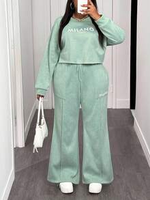 Slaydiva 秋冬新款休闲街头运动日常穿搭简约基础款圆领落肩宽松短款长袖毛衣上衣 + 阔腿直筒口袋裤 - 綠色 - 查看 9