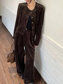 DAZY 2 件套女士秋冬灯芯绒宽松商务休闲办公室服装，金属扣装饰开衫衬衫和直筒裤套装 - 棕色 - 查看 2