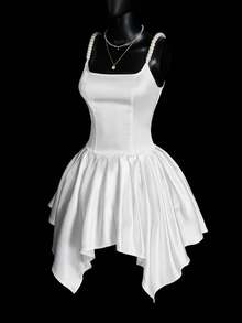 SHEIN ICON 女士白色针织不对称下摆 A 字形吊带背心迷你连衣裙，适合派对和休闲场合 - 白色 - 查看 1