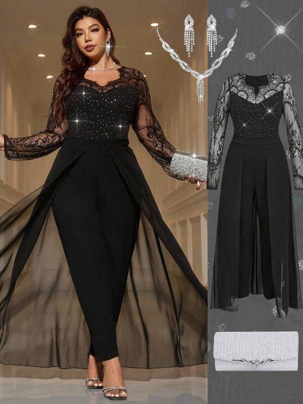 Ellevyn 大码女式撞色蕾丝甜心领水钻网眼设计优雅连体裤