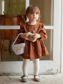 SHEIN Vintaside Kids Baby Girls' Corduroy Dress, Embroidered Floral Pattern, Elegant Countryside Style, Suitable For Spring, Autumn And Winter Transition Seasons Fall