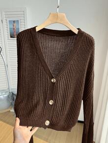 Comfortcana 秋冬大码休闲纯色纽扣罗纹针织开衫 - 棕色 - 查看 4