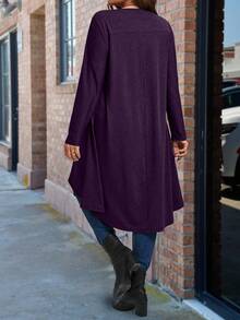 SHEIN Plus Size Solid Color Long Asymmetrical Hem Round Neck Long Sleeve T-Shirt - Purple - View 2