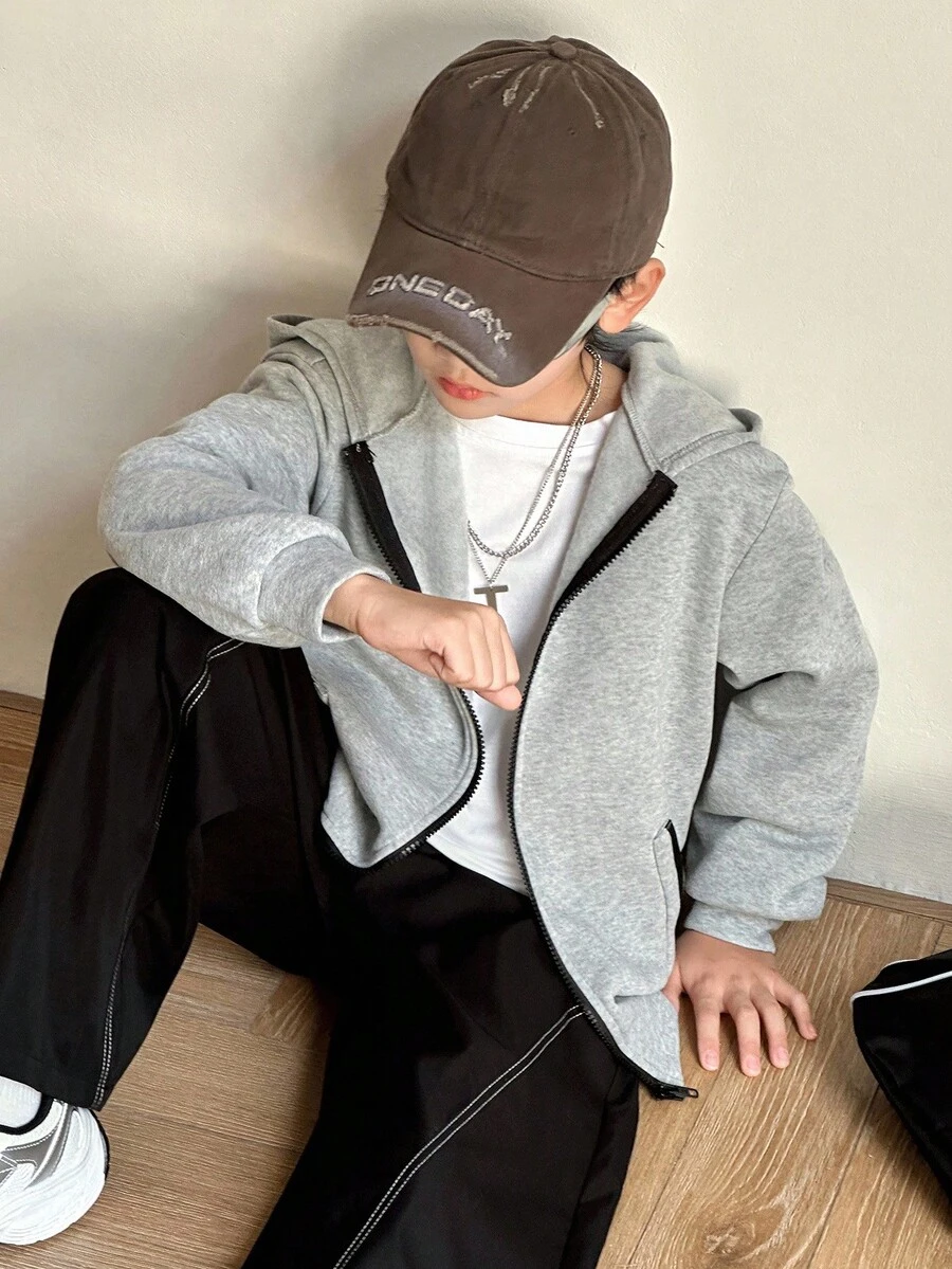 SHEIN Tween Boy Contrast Color Zipper Loose Hoodie Sweatshirt, Casual For Sports, Outings, School, Gatherings Autumn Winter Clothes Girlomen - Grey - View 1
