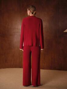 MOTF PREMIUM AUTUMN/WINTER CHIC WOMEN 2 PIECES SET: CONTRAST TRIM LOOSE TURTLENECK SWEATER & STRAIGHT LEG KNIT PANTS, CHRISTMAS, RED, NEW YEAR OUTFIT - Burgundy - View 4
