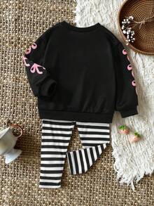 SHEIN Bộ đồ mặc nhà thường ngày mùa xuân/hè dễ thương cho bé gái từ 0-3 tuổi và bộ đồ mặc nhà dài tay cổ tròn in số + quần legging bó có gân - màu đen - Xem 2