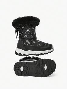 JNSQ 1双儿童/青少年黑色卡通雪花时尚保暖雪地靴，带魔术贴，舒适休闲冬季靴，适合日常穿着和运动（图案随机） - 黑色 - 查看 10