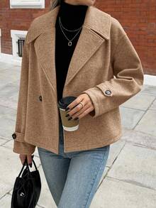 EMERY ROSE 女式大翻领装饰纽扣长袖羊毛大衣 - 駝色 - 查看 3