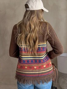 Livesso Women's Retro Style Loose Fit Fringe Sweater