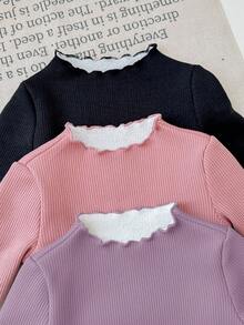 SHEIN LMoss Kids 3 قطع/مجموعة بلوزات بناتية صغيرة ذات لون واحد مع حافة مكسرة، أكمام طويلة، مبطنة حرارياً، للخريف والشتاء - متعدد الألوان - مشاهدة 5
