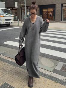 FRIFUL 女士纯色圆领落肩长袖直筒宽松休闲百搭长款毛衣连衣裙，秋季