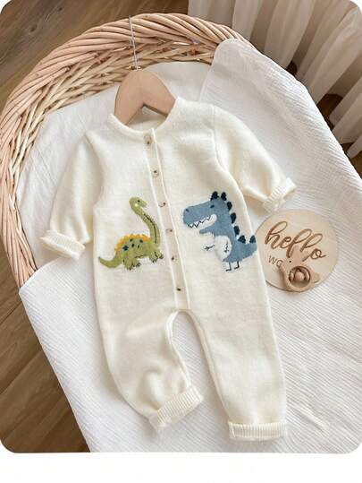 SHEIN Newborn Baby Girl Cute Cartoon Pattern Long Sleeve Sweater Romper, Autumn/Winter Newborn Clothes Unisex Baby Boy Clothes Dinosaur Newborn Clothes Neutral Baby Clothes Unisex 2026 Dinosaur Winter Jumpsuit For Baby