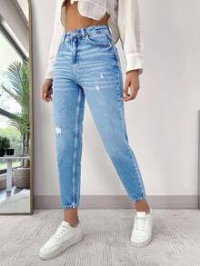 EURMUSE Jeans casuales y versátiles de talle alto con bolsillos y desgastados para mujer - Celeste - Ver 5