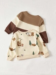 Cozy Pixies 2 piezas Conjunto de sudadera cuello redondo con bloqueo de color y estampado de animal de dibujos animados para bebé niño - Caqui - Ver 2