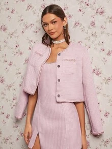 Enchnt Damen elegante Pendler Kontrast Saum Knopfleiste Boxy Jacke - Pink - Übersicht 2