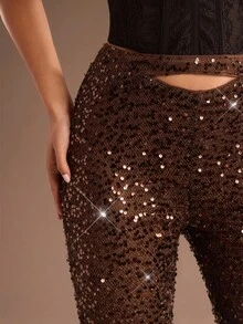 SHEIN Glamour Nuevos pantalones de mujer hechos de tela con lentejuelas, con un diseño con recorte en la parte delantera y una cremallera en la parte trasera. Estos pantalones están diseñados con un estilo de moda elegante y de alta gama y son adecuados para usar durante todo el año. Son la opción ideal para pantalones de fiesta de mujer, pantalones de vestido de cumpleaños, pantalones elegantes para cenas, atuendo festivo, atuendos para citas nocturnas y pantalones para fiestas de cócteles. - Marrón - Ver 5