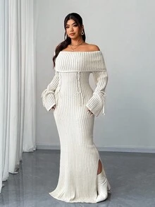 Elenzga Plus Size Women Solid Color Off Shoulder Tie-Waist Sweater Dress