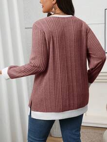EMERY ROSE Plus Size Casual Colorblock Patchwork Side Slit Sweatshirt, Winter Outfit For Women - Red Violet - View 2