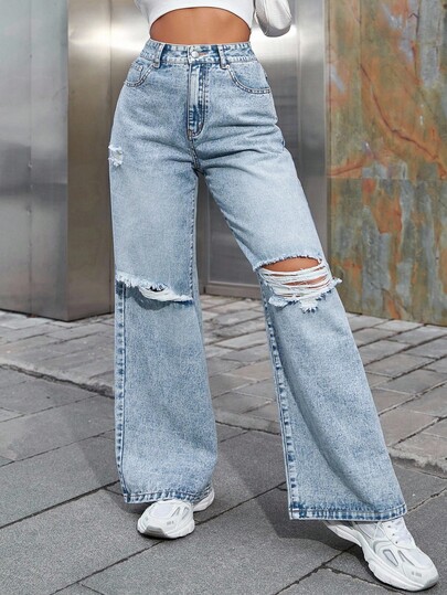 SHEIN ICON Jeans de mezclilla desgastados informales para mujer de talla grande