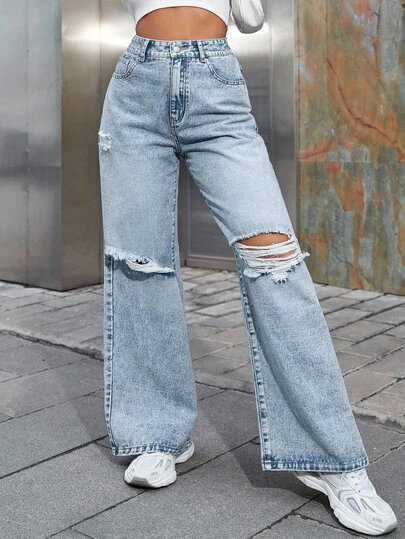 SHEIN ICON 大码女式休闲破洞牛仔裤