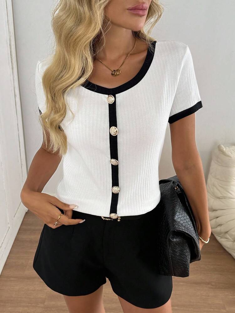 Semi-Sheer Khaki Women's T-Shirt With Round Neck And Button Detail For Versatile Style Summer Tops For Women Short Sleeve Cardigan Summer Cardigan Women Knit Top Short Sleeve Sweater