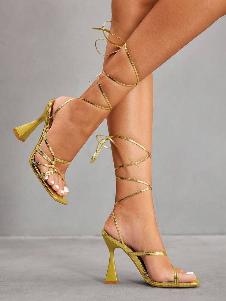 CUCCOO SZL Gold Metal PU Fashionable Sexy Square Toe Thick High Heel Sandals