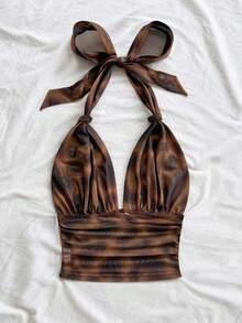 Soleia Women's Vacation Knitted Mesh Retro Brown Leopard Print Halter V-Neck Tie Bow Mesh Ruched Romantic Camisole, Suitable For Dates, Valentine's Day, Sexy, Parties, Beach Cruises, Easter, Carnival, Afternoon Tea Animal Print Swim Top Cheetah Print Brown Animal Print Top Cheetah Print Top Brown Bikini Top Animal Print Bikini Top Summer Animal Print Halter Top Brown Halter Top