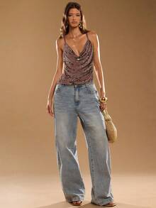 SHEIN BAE 女士性感亮片细肩带吊带背心，夏季 - 咖啡棕 - 查看 5