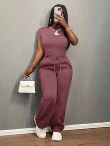 Slaydiva 2025 New Women's Casual Solid Color Round Neck Slim Short Sleeve T-Shirt And Drawstring Waist Straight Pants Two Pieces Set, Spring And Summer, Brown, Suitable For Music Festivals, Easter, St. Patrick, Daily Outings, Parties, Graduation Season, Sports And Leisure,Daily Basic , Back To School, Party