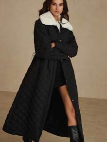 GENKIRA 女式休闲拼布仿毛领绗缝加厚外套，秋冬 - 黑與白 - 查看 2