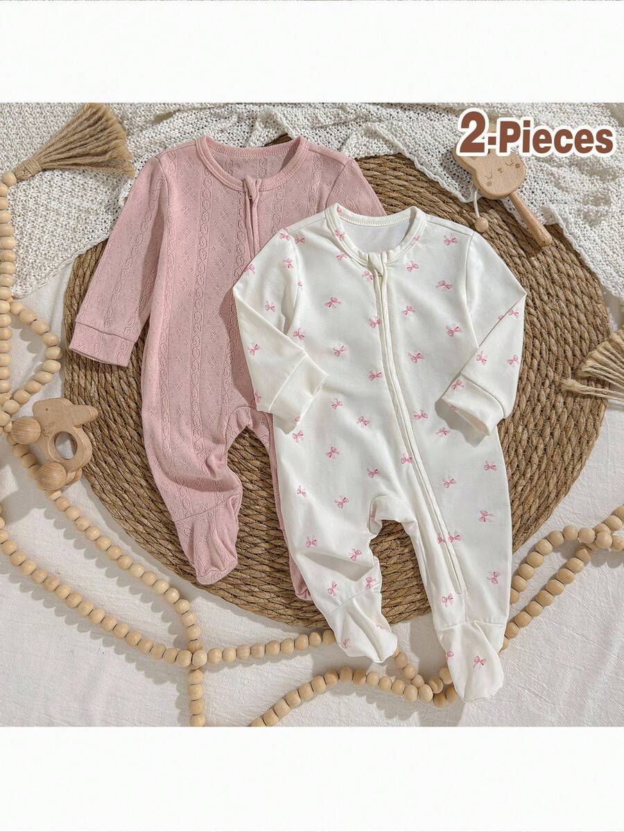 Loomiva Newborn Baby 2pcs/Set Solid Color&Butterfly Print Zip-Up Long Sleeve Jumpsuit Zipper Girl Zip Up Bow Fall Winter - Pink - View 1
