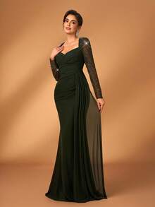 Serin Elegant Luxurious Diamond Design Sheer Long Sleeve Ruched Mermaid Dress, Suitable For Weddings, Parties, Vacations, Bridal, Mother Of The Bride, Evening Gowns - Army Green - View 8