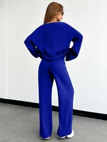 EURMUSE Women V-Neck Flare Sleeve Detailed Sweater And Pant Set - Royal Blue - View 2